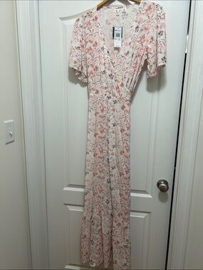 Cream Maxi Dress with Pink Floral Print